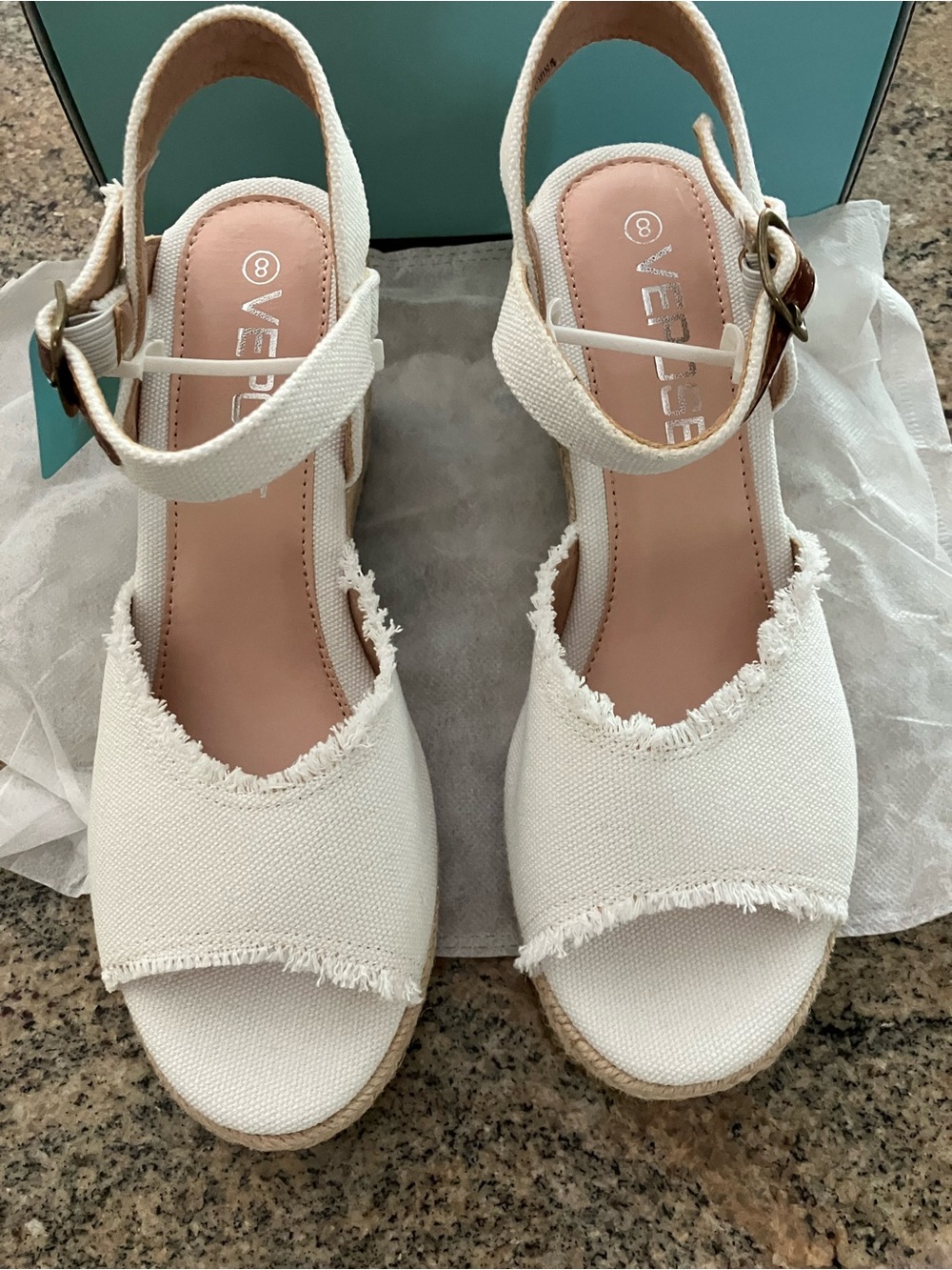NWT and NIB Cream Canvas Frayed Espadrille Wedge Sandal